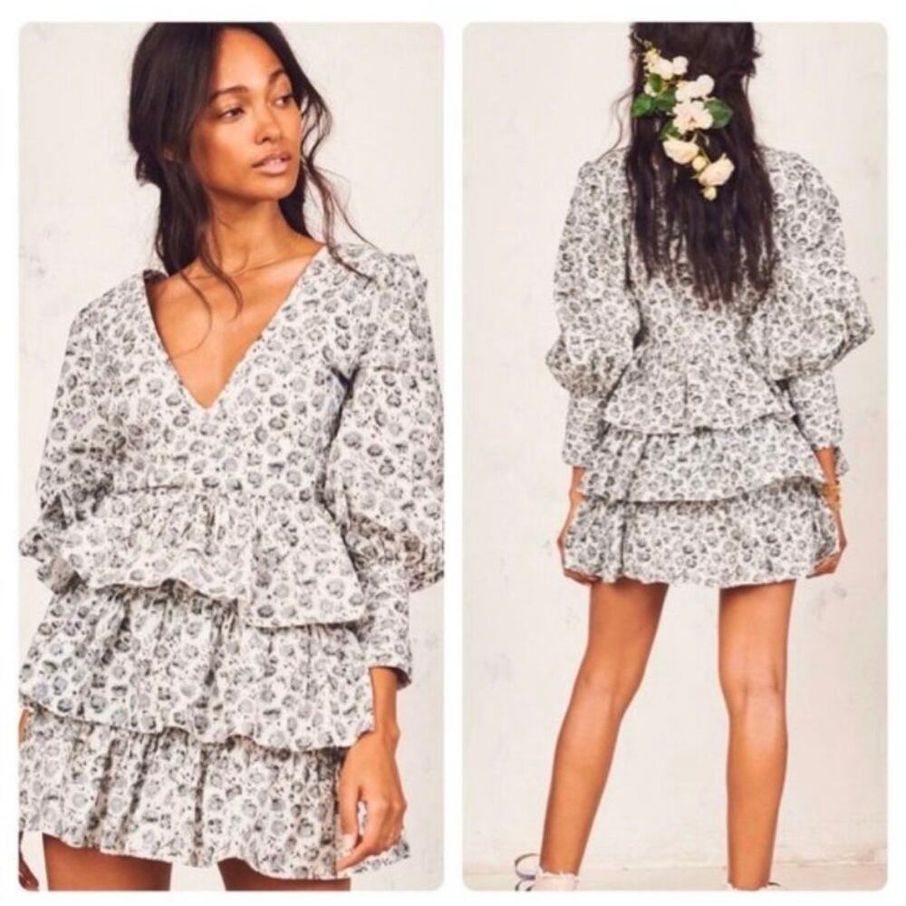 Love Shack Fancy dress Paris tiered ruffle mini gray white floral 0 cottagecore